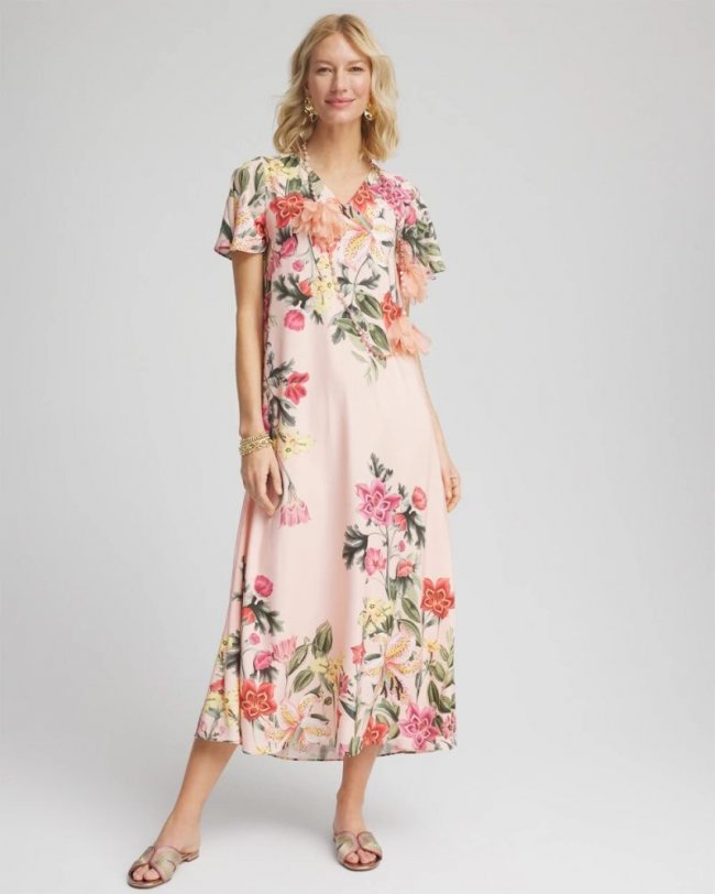 Chicos Floral Satin Maxi Dress - CORAL BLOSSOM