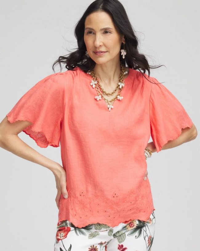 Chicos Linen Embroidered Hem Blouse - MELON MAMBO