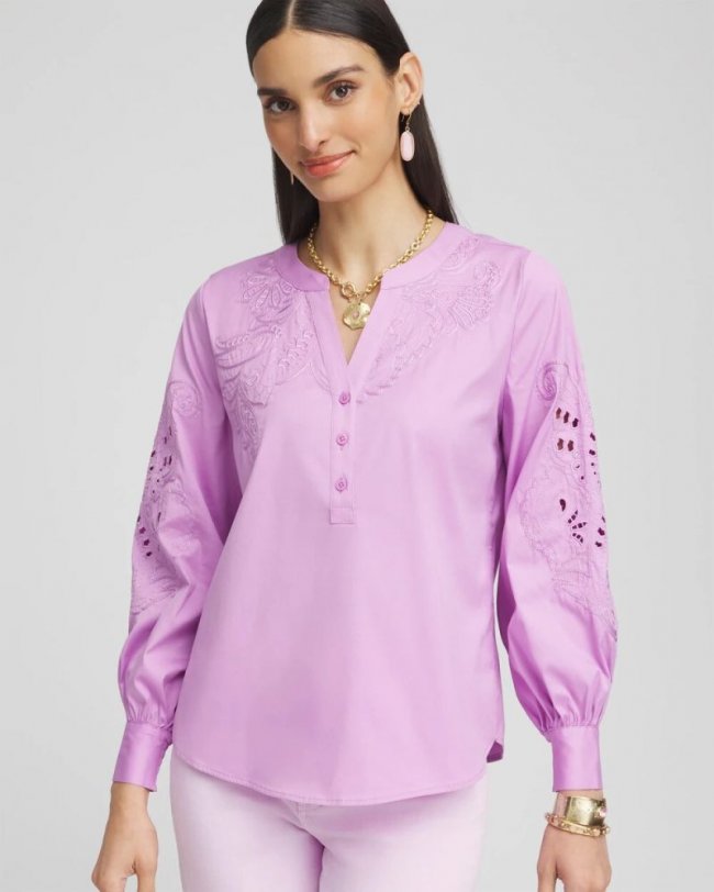 Chicos Embroidered Poplin Splitneck Shirt - LAVENDER SKIES