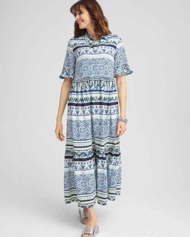 Chicos Flutter-Sleeved Maxi Dress - SEAPORT BLUE