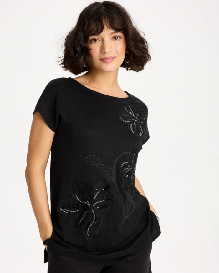 Chicos Linen Embellished Sequin Tunic - BLACK