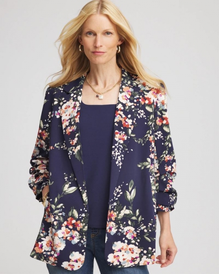 Chicos Floral Ruched Sleeve Blazer - PASSPORT BLUE