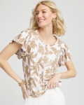 Chicos Linen Leaf Print Flutter Sleeve Tee - CAFE AROMA Chicos Linen Leaf Print Flutter Sleeve Tee - CAFE AROMA