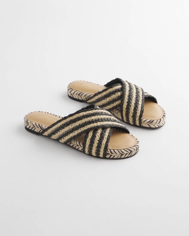 Chicos Striped Raffia Cross-Strap Slide Sandal - BLACK RAFFIA