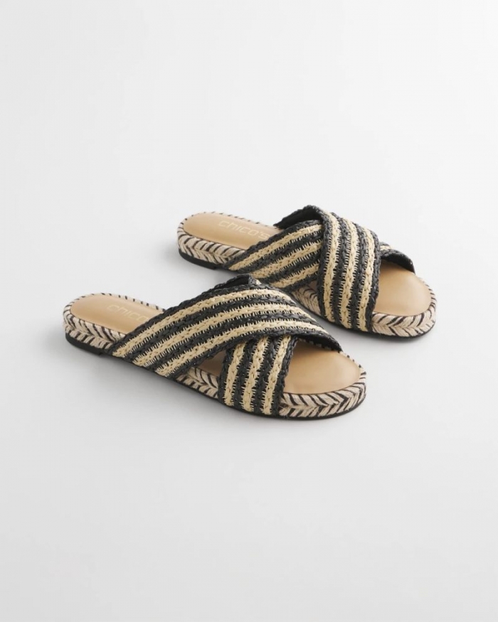 Chicos Striped Raffia Cross-Strap Slide Sandal - BLACK RAFFIA