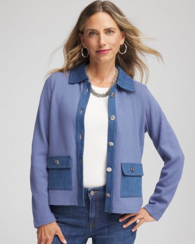 Chicos Denim Colorblock Marl Shirt Jacket - BLUE LOTUS Chicos Denim Colorblock Marl Shirt Jacket - BLUE LOTUS