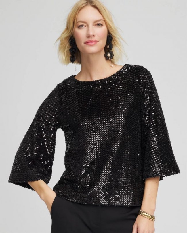 Chicos Sparkling Sequin Party Tee - BLACK