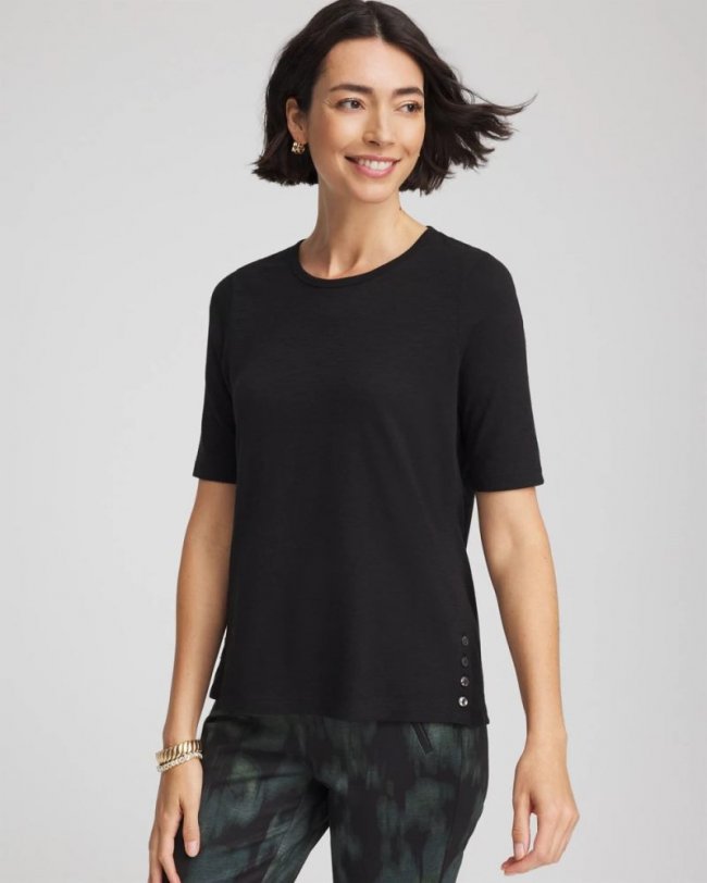 Chicos Slub Crewneck Button Tee - BLACK