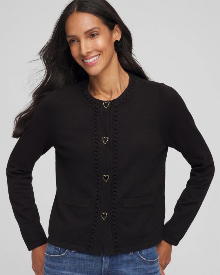 Chicos V-Day Embroidered Crewneck Cardigan - BLACK