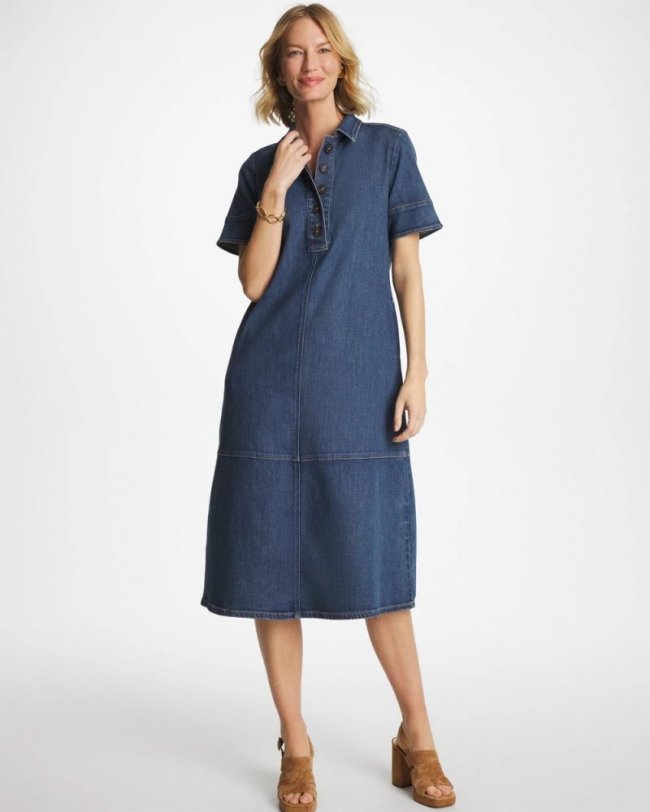 Chicos Button Front Denim Dress - CAYMAN INDIGO