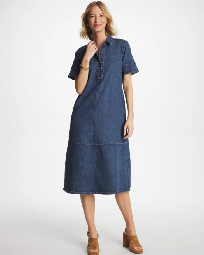 Chicos Button Front Denim Dress - CAYMAN INDIGO