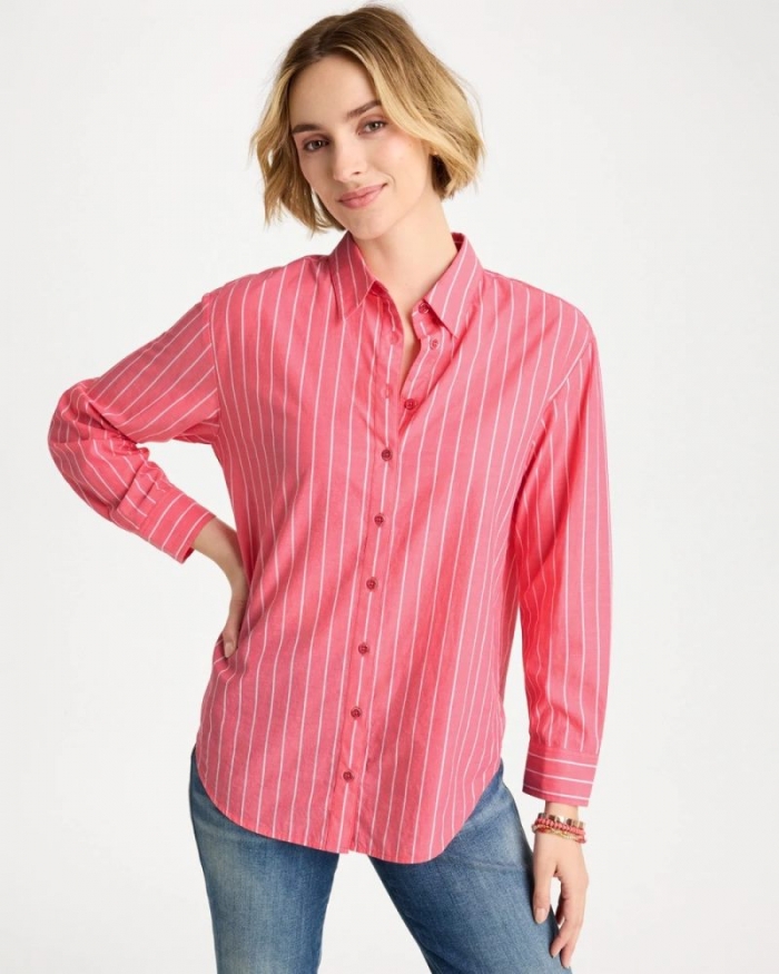 Chicos Cotton Voile Collared Striped Shirt - CALYPSO CORAL