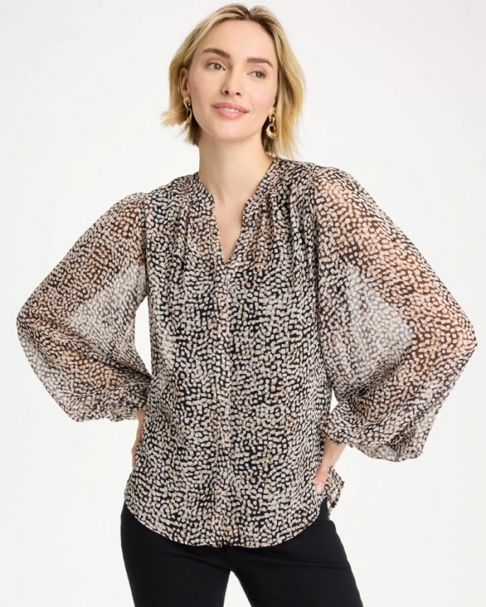 Chicos Georgette Printed Squares Blouse - BLACK