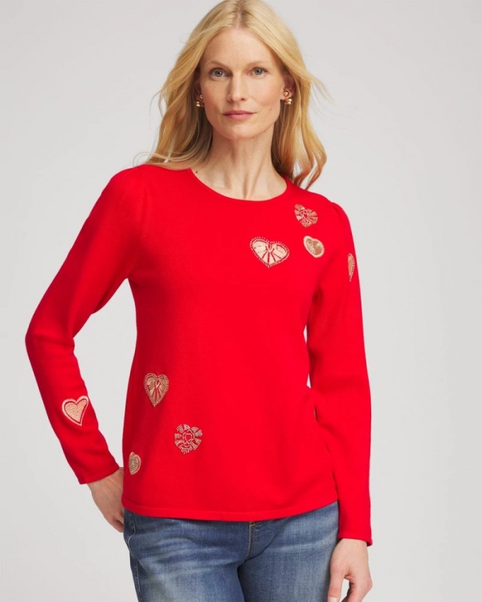 Chicos V-Day Embroidered Heart Pullover - LOVE LETTER RED