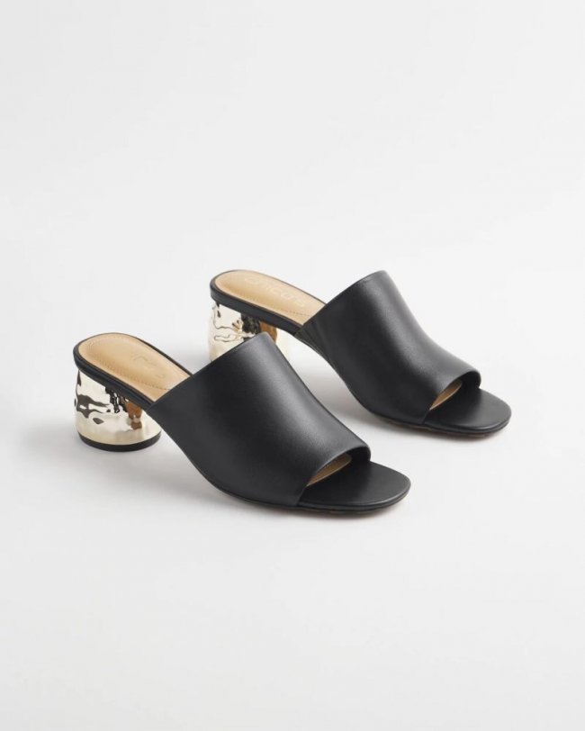 Chicos Black Leather Mules - BLACK/GOLD
