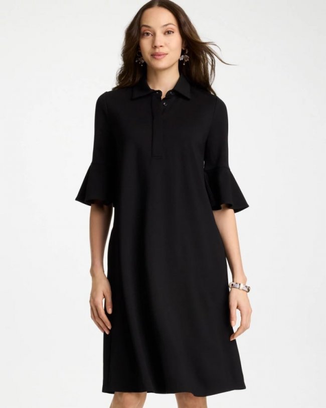 Chicos Knit Flounce Sleeve Dress - BLACK