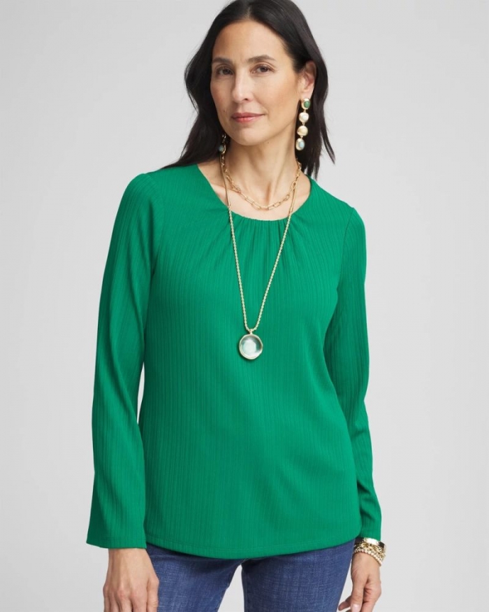 Chicos Ribbed Ruched-Neck Top - IVY LEAGUE