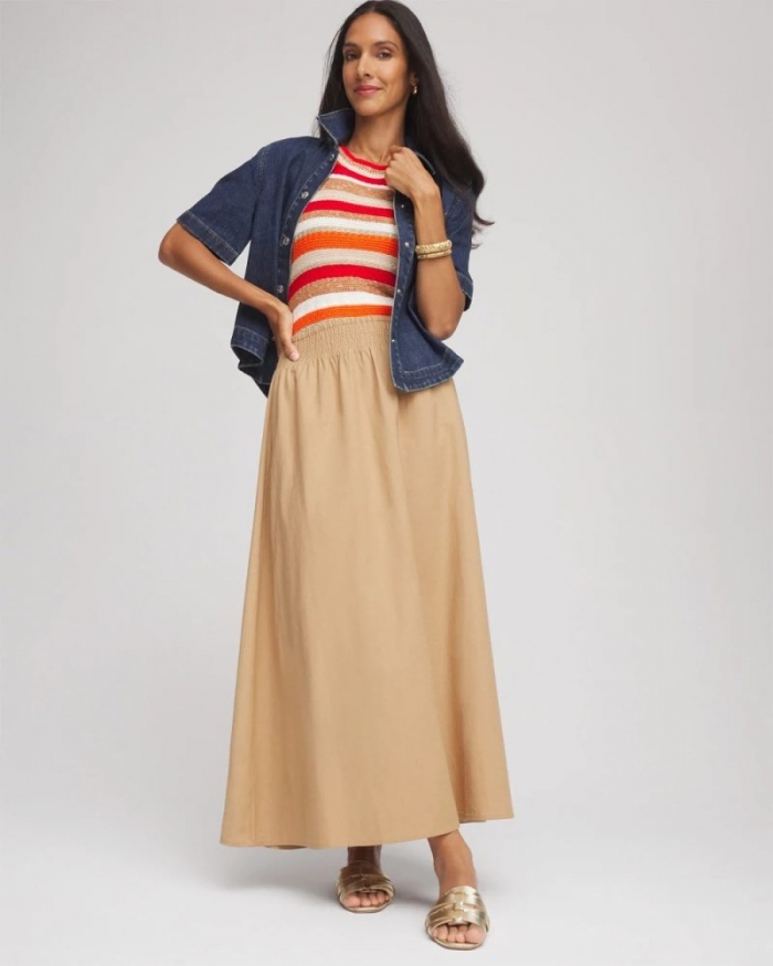 Chicos Smocked Pull-On Midi Skirt - CAFE AROMA