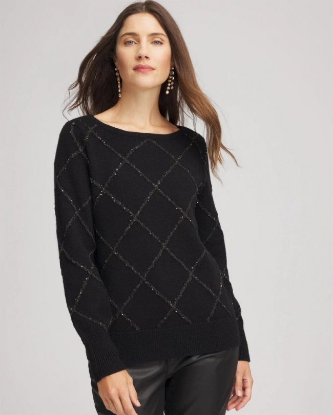 Chicos Sparkling Diamonds Pullover Sweater - BLACK