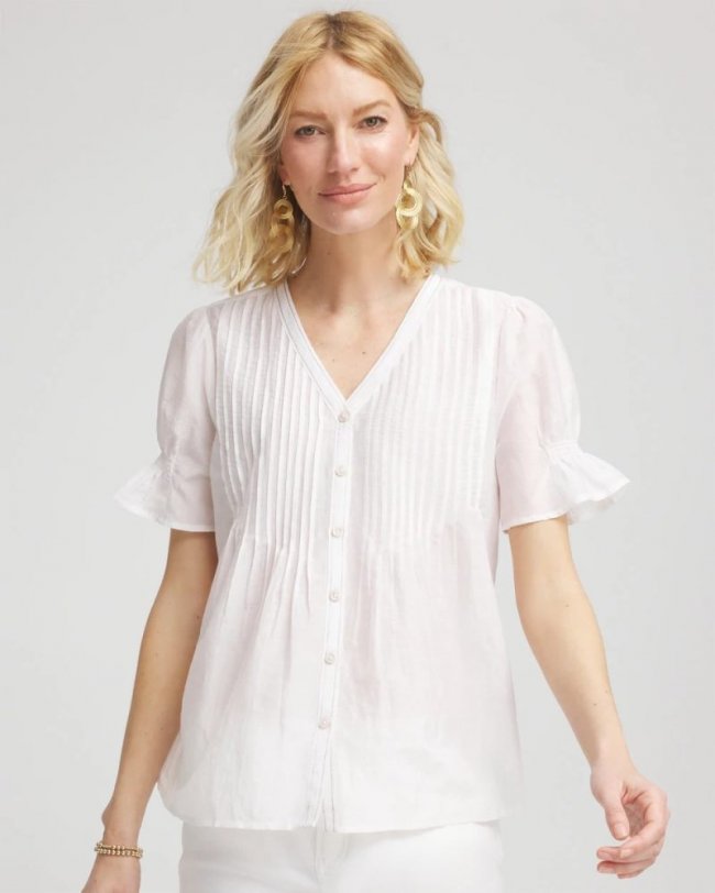 Chicos Pleated Cotton-Silk Shirt - ALABASTER