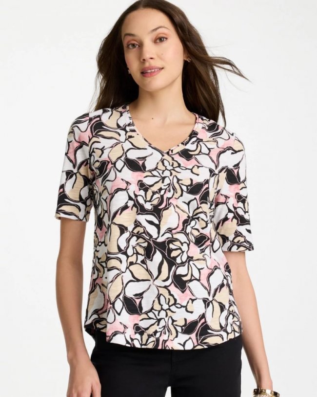 Chicos Printed Cotton Slub V-Neck Tee - BLACK