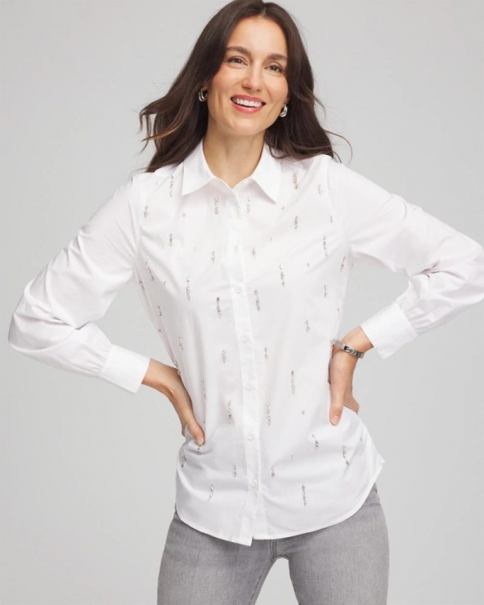 Chicos Jeweled Poplin Shirt - ALABASTER