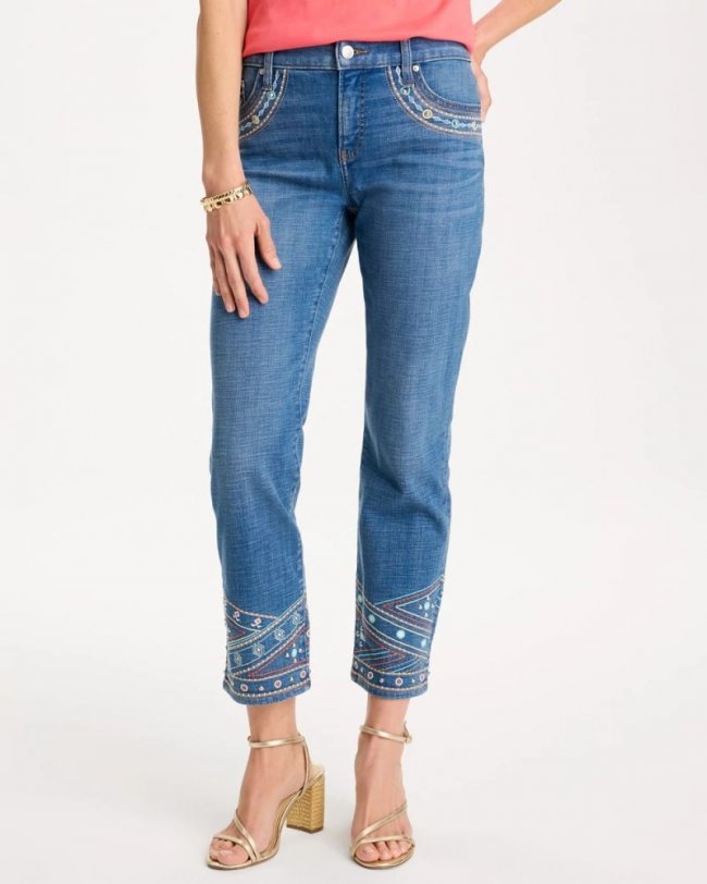 Chicos Girlfriend Slim Embellished Crop Jeans - FREYA INDIGO