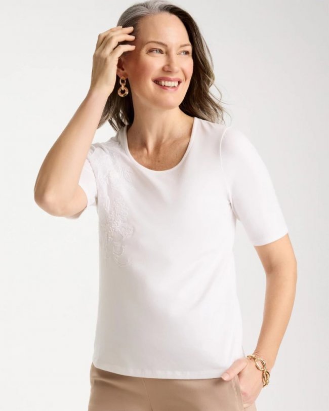 Chicos Sequin Embroidered Floral Tee - ALABASTER