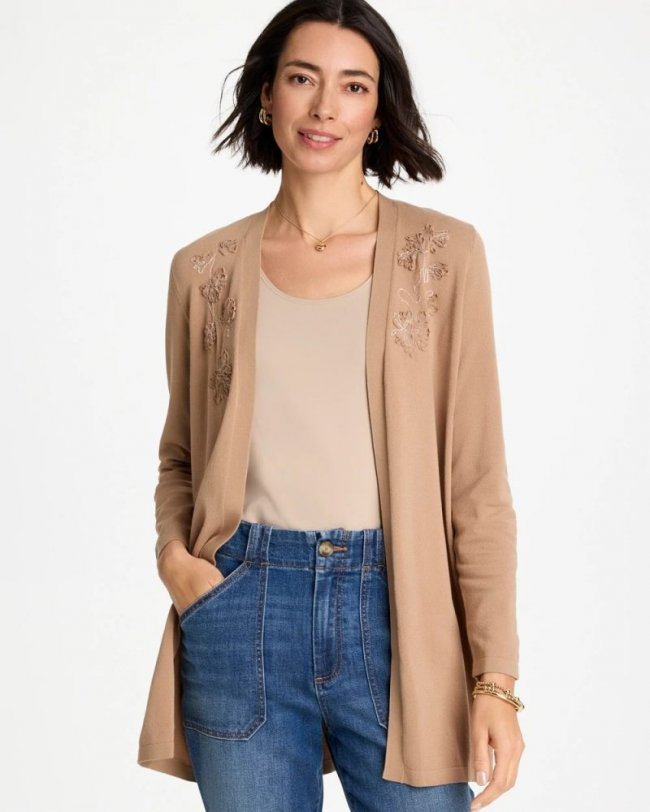 Chicos Floral Embroidered Cardigan - CATTAIL BROWN