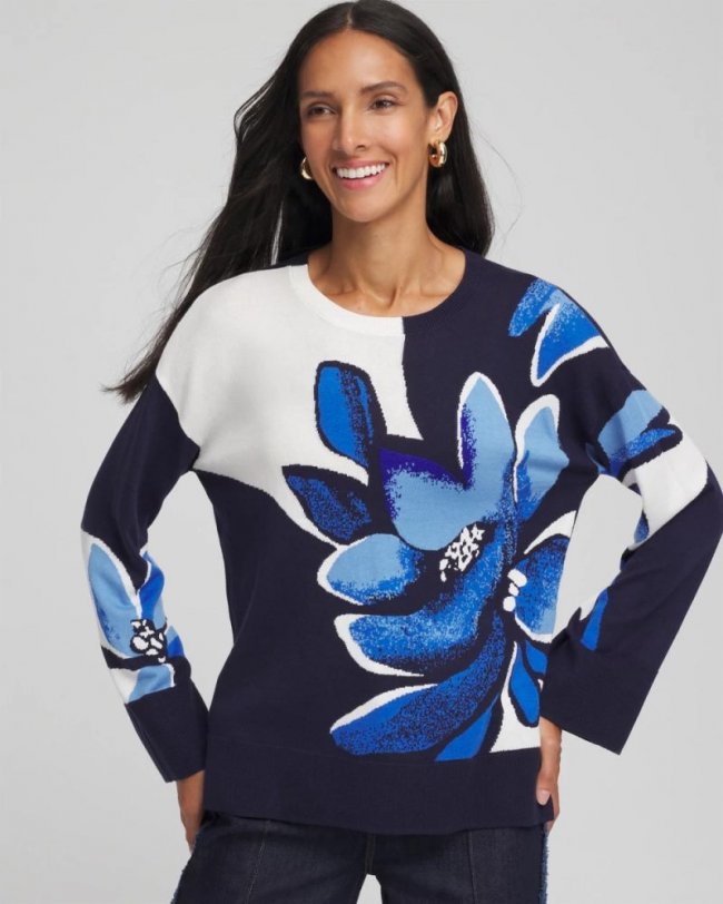 Chicos Floral Intarsia Crewneck Pullover - TIDAL BLUE