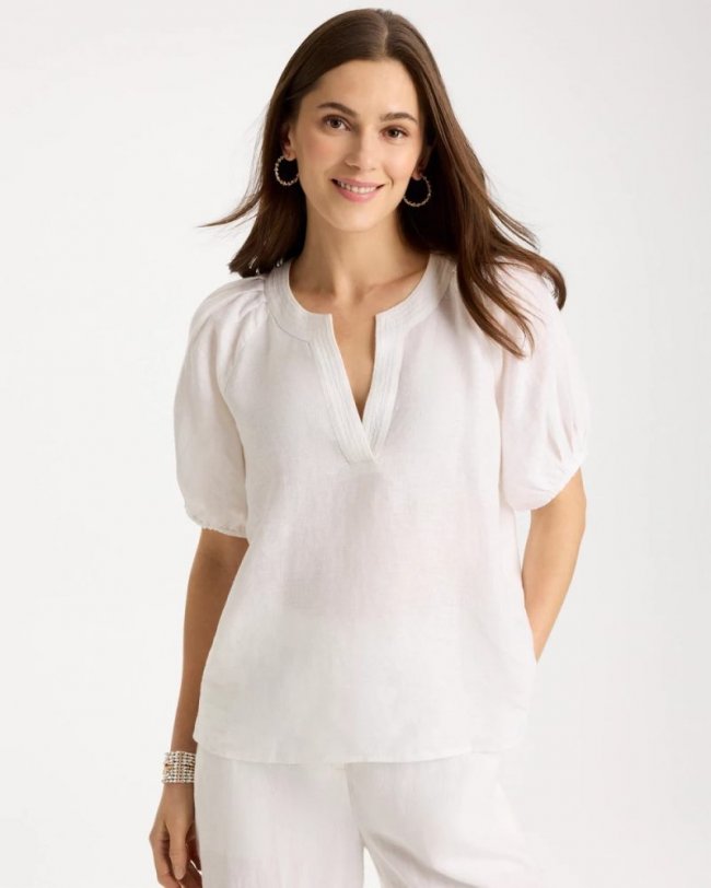Chicos Linen Trapunto Popover Top - ALABASTER