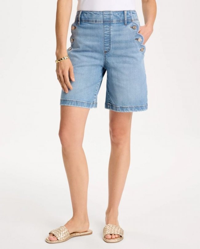 Chicos Pull-On Scallop Button Jean Shorts - BLUE JAY INDIGO
