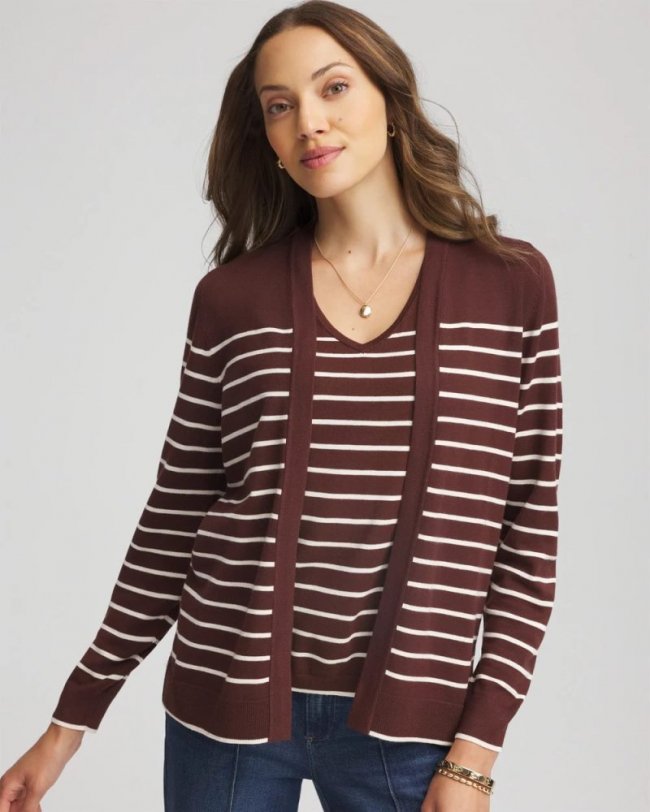 Chicos Ella Striped Long-Sleeve Cardigan - CACAO