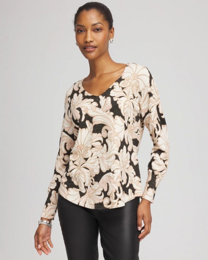 Chicos Ella Metallic V-Neck Sweater - PURPLE ROYALE