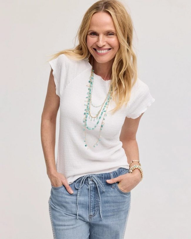 Chicos Textured Knit Lettuce Raglan Tee - ALABASTER
