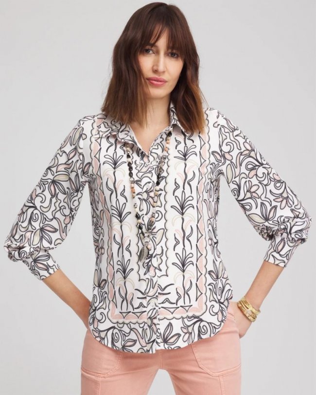Chicos Faux Silk Floral Collared Shirt - FRENCH BLUSH