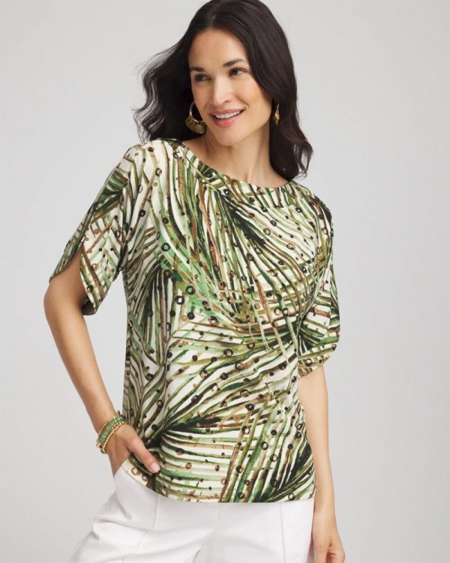 Chicos Palm-Frond-Motif Jersey Dolman Tee - ECRU
