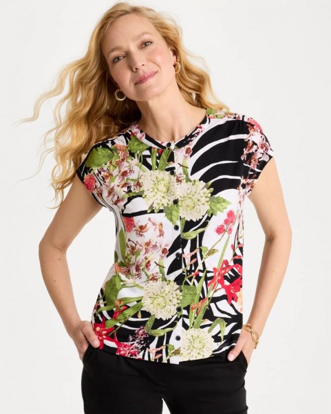 Chicos Tropical Nights Refined Button Tee - BLACK
