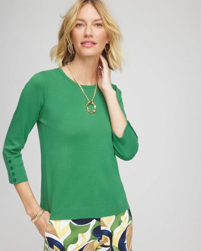 Chicos Pima Cotton Crewneck Button Tee - JARDIN GREEN