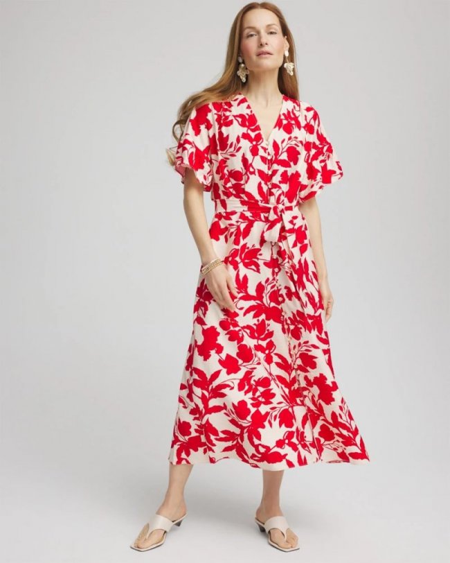 Chicos Floral Ruffle-Sleeved Midi Dress - ECRU
