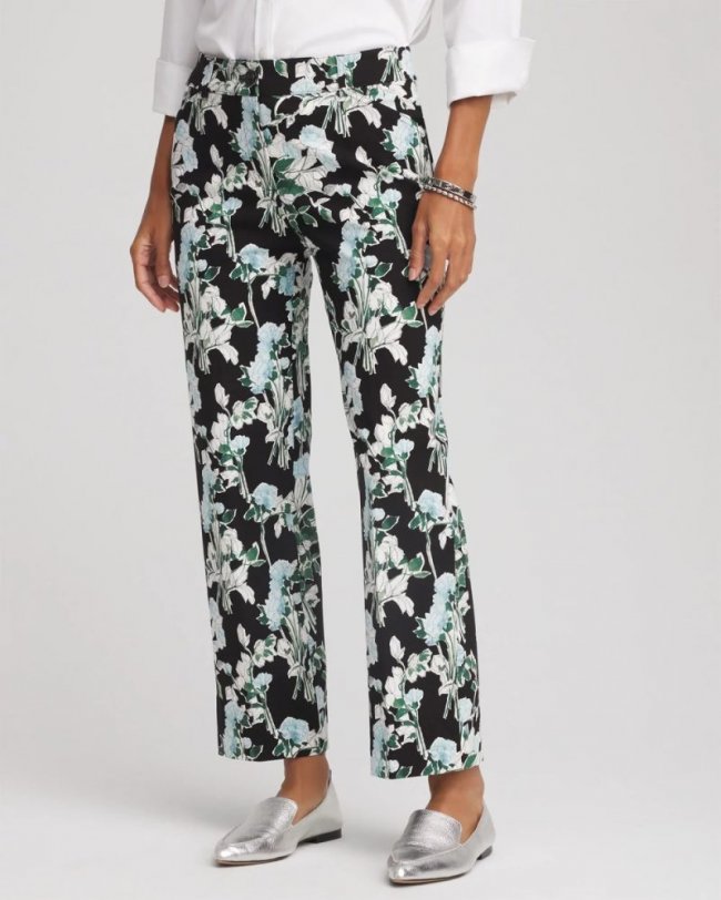 Chicos Floral Emme Straight Ankle Pants - BLACK