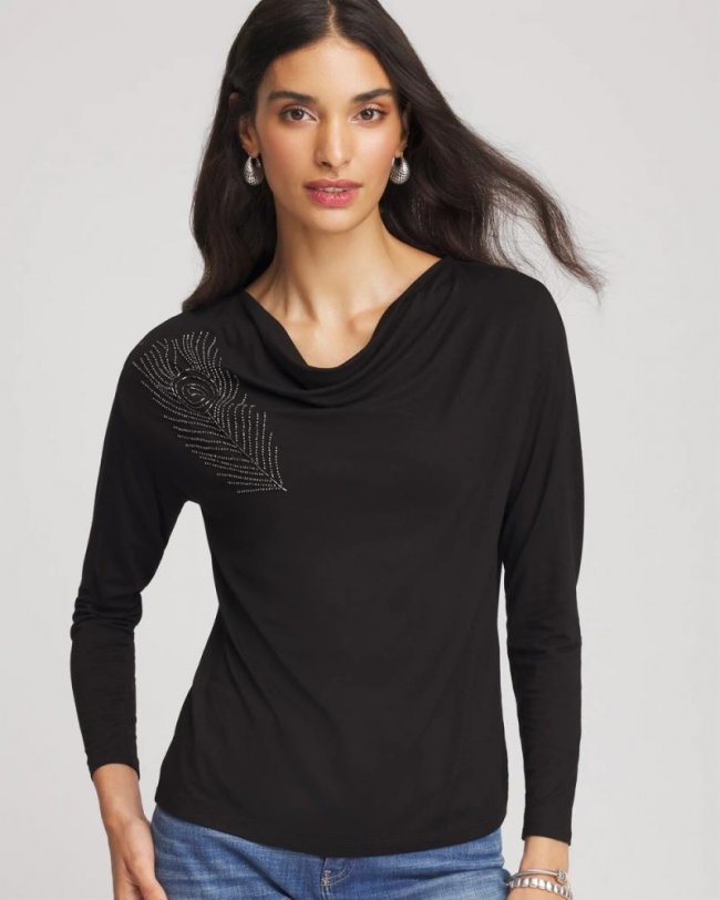 Chicos Embellished Cowlneck Dolman Tee - BLACK