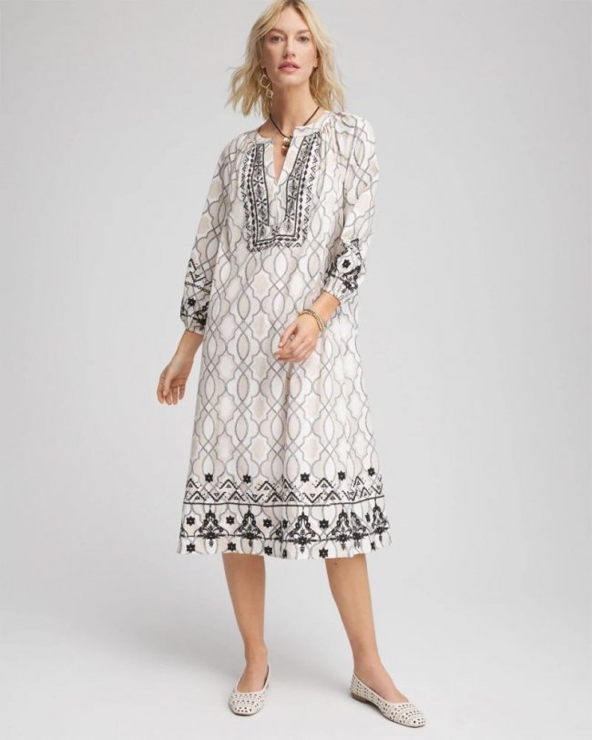 Chicos Poplin Embellished Midi Dress - ECRU