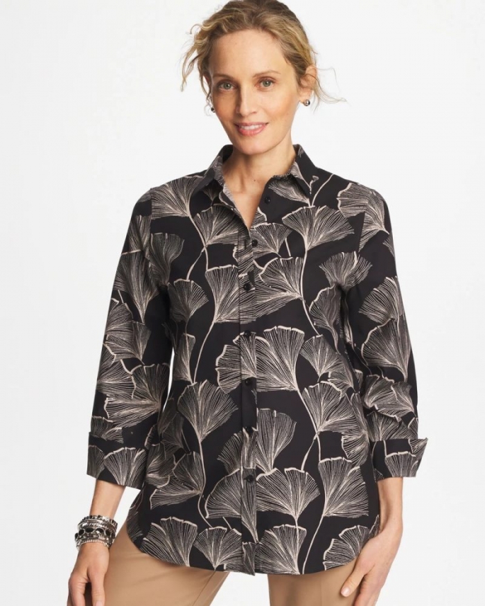 Chicos No Iron Stretch Ginkgo Glory Shirt - BLACK