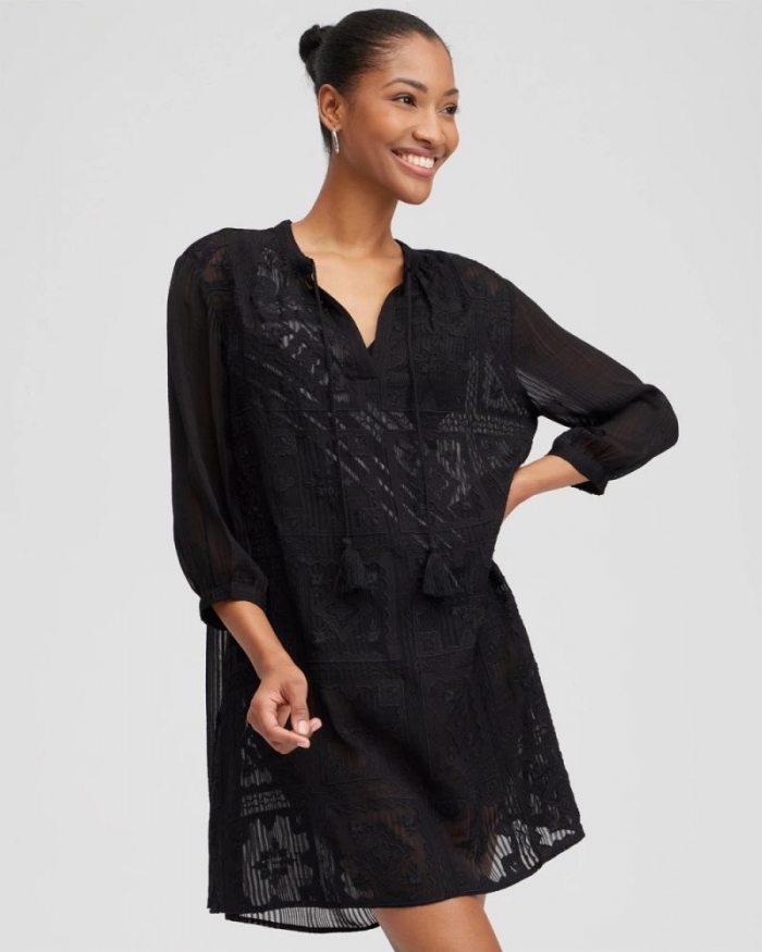 Chicos Embroidered Swim Dress Coverup - BLACK