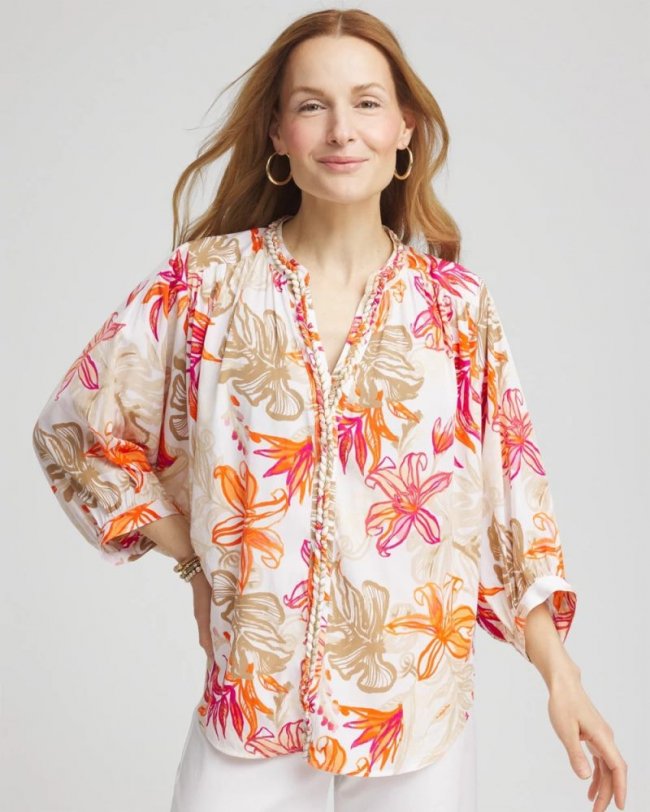 Chicos Floral Braided Batwing Blouse - CRUSHED BERRIES