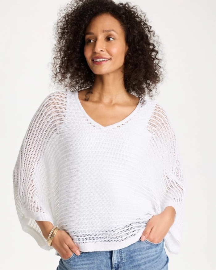 Chicos V-Neck Metallic Knit Poncho - ALABASTER