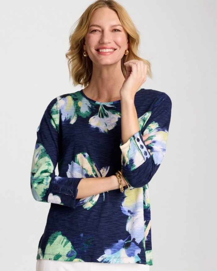 Chicos Printed Slub Button Detail Tee - PASSPORT BLUE