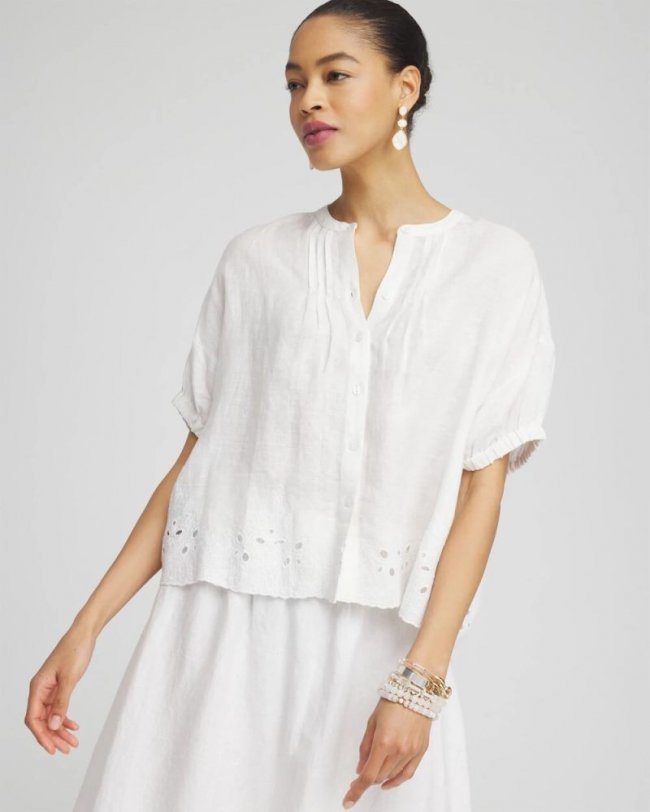Chicos Pintuck Dolman Sleeve Linen Shirt - ALABASTER
