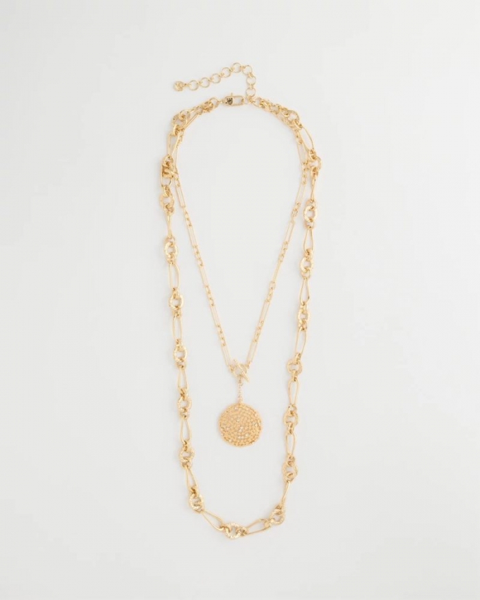 Chicos Sea Foam Medallion Double-Strand Pendant Necklace - GOLD